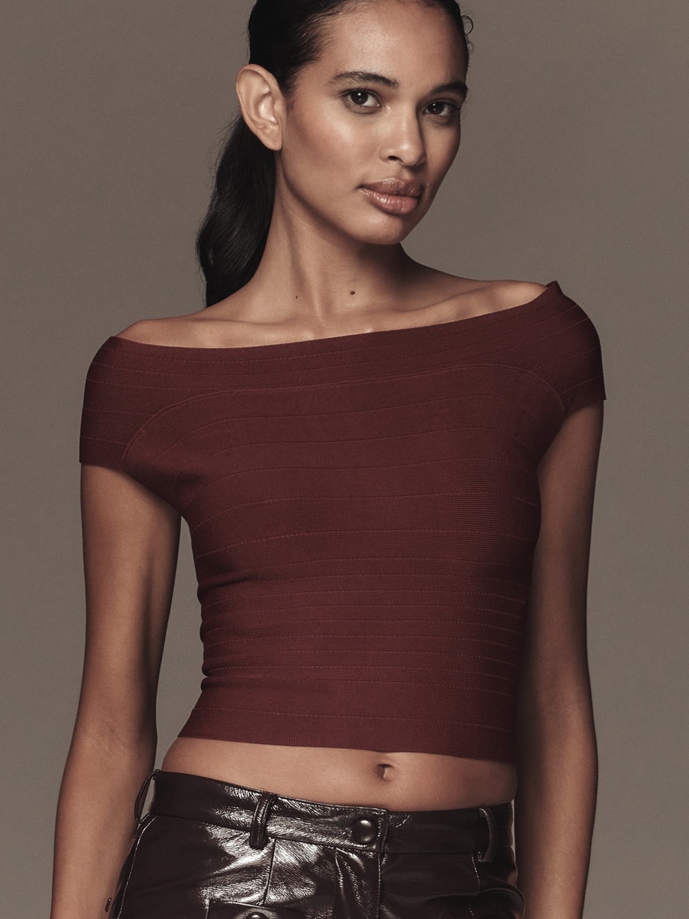 NWOT Anthropologie Ribbed Zip-Back off-shoulder Top in Burgundy